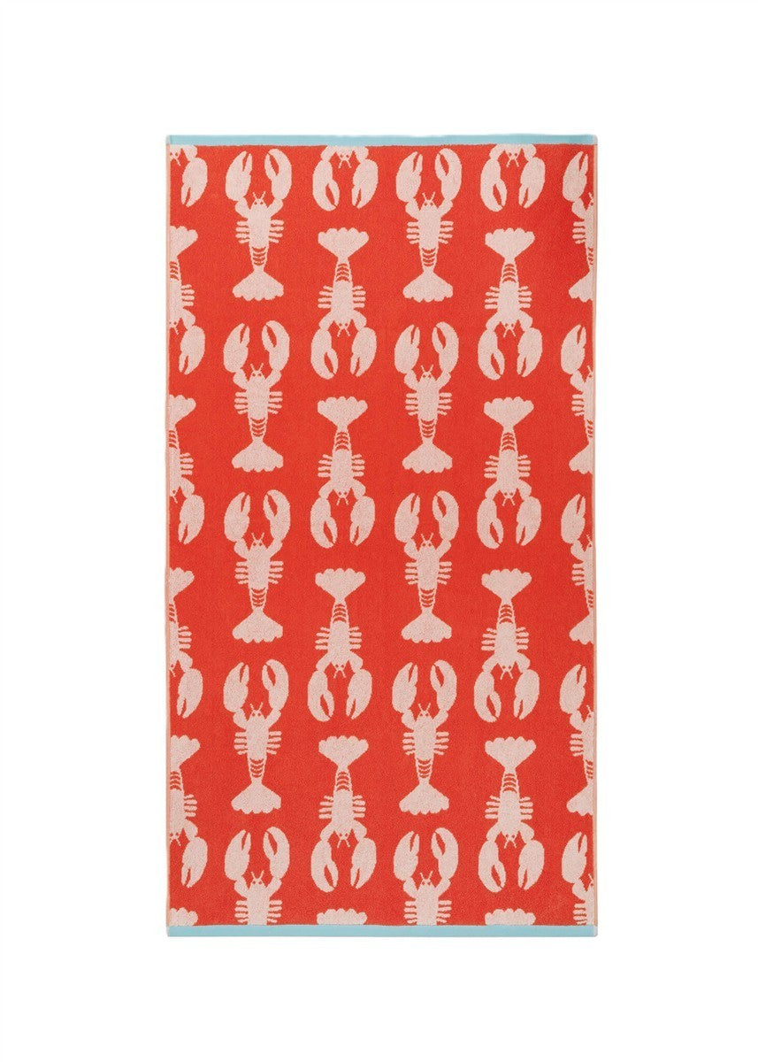 Lobster Organic Cotton Hand Towel – vibrant red towel with white lobster print, light blue border – bath accessories