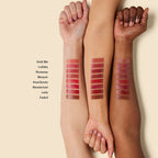 Balmy Tint Hydrating Lip Balm – shade swatches on three forearms, creamy finish, beige background – lip care