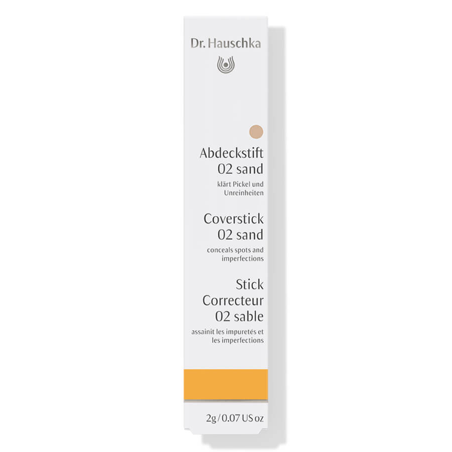 Dr. Hauschka Coverstick 02 Sand – white tube 2g, orange stripe, white background – concealer