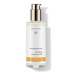 Dr. Hauschka Soothing Cleansing Milk – clear bottle with pump dispenser, white-orange label, white background – skin care