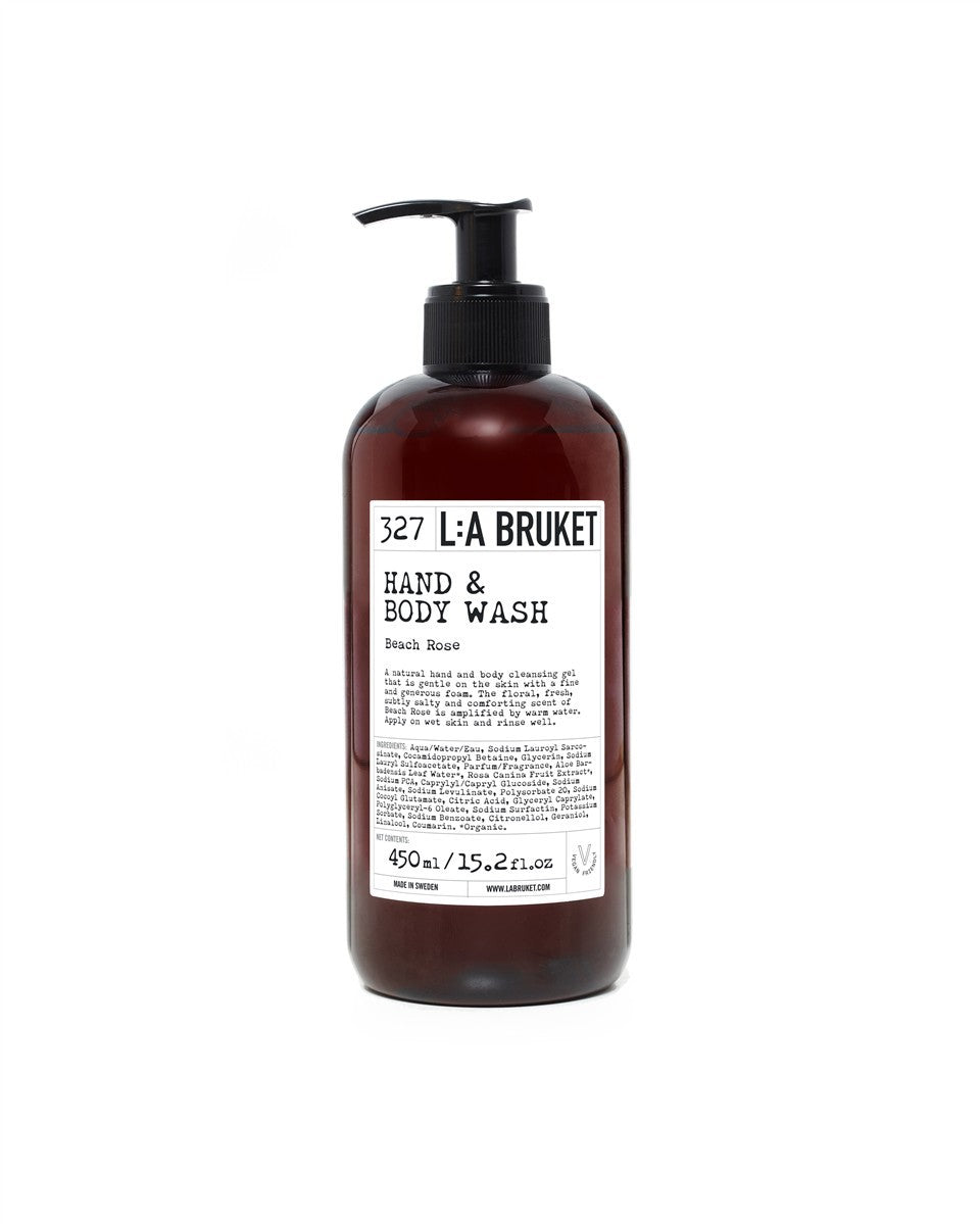 L:A BRUKET No. 327 Hand & Body Wash Beach Rose – braune Flasche 450ml mit Pumpverschluss, weißer Hintergrund – Hautpflege