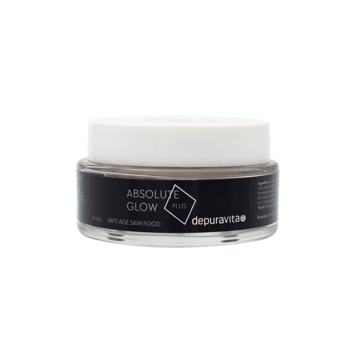 Absolute Glow Plus by depuravita – black glass jar 22g, white lid, white background – anti-aging skin care