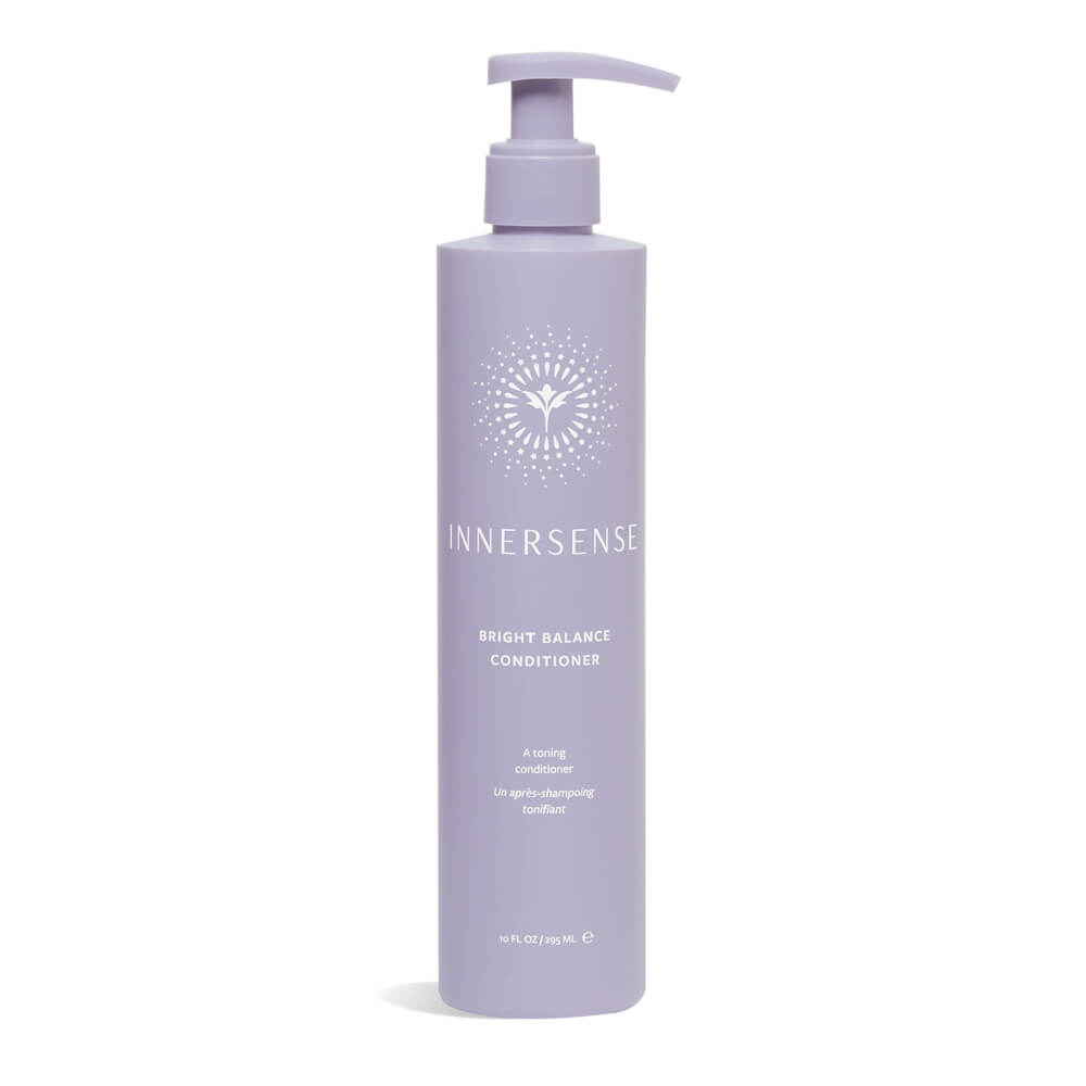 Innersense Bright Balance Conditioner – purple bottle with pump, 295 ml, white background – hair care