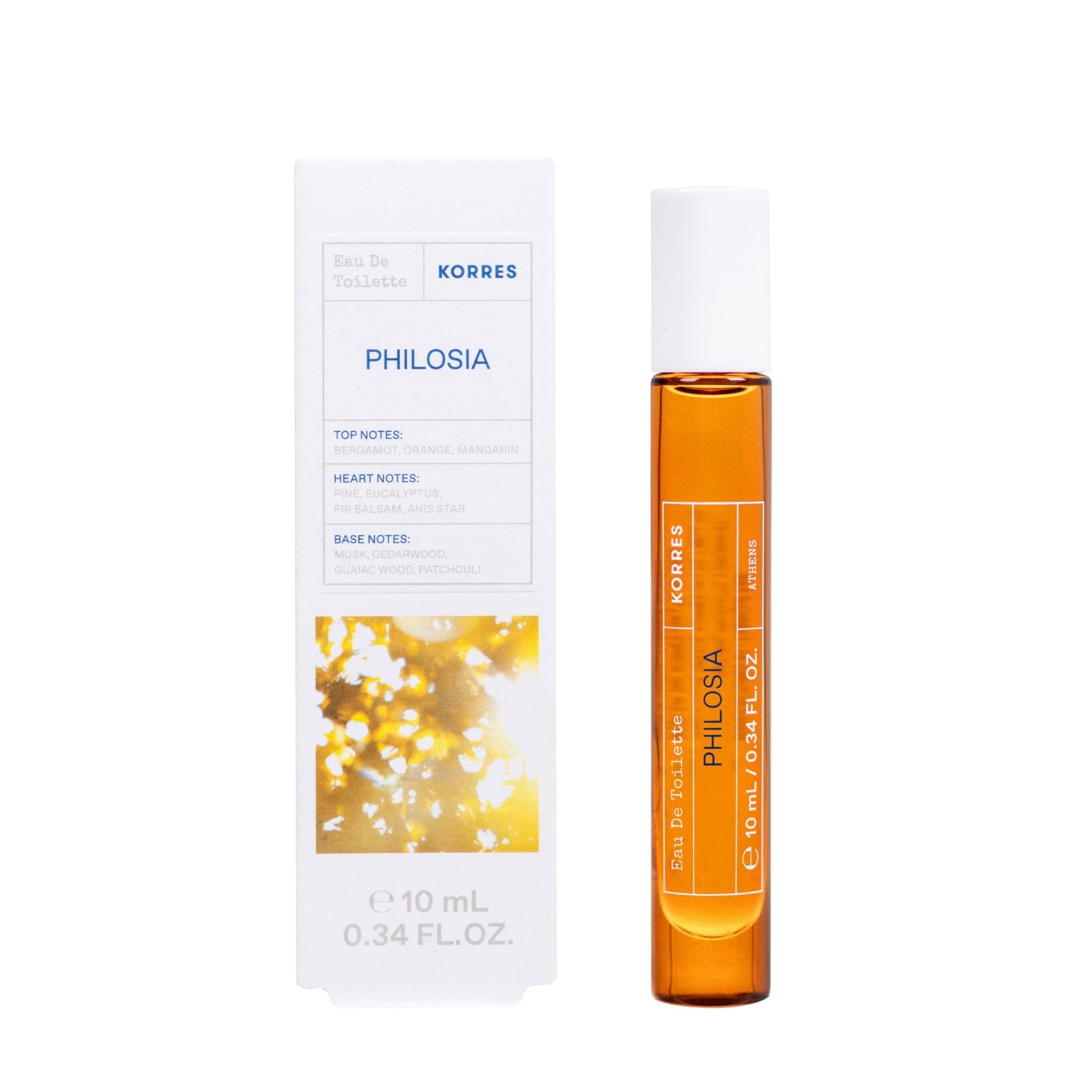 KORRES Philosia Eau de Toilette Roller – 10 ml, orangefarbene Glasflasche mit weißem Deckel, weißer Hintergrund – Parfüm
