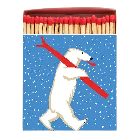 Polarbär auf Ski – matchbox with blue background and red lid – not a beauty product packaging