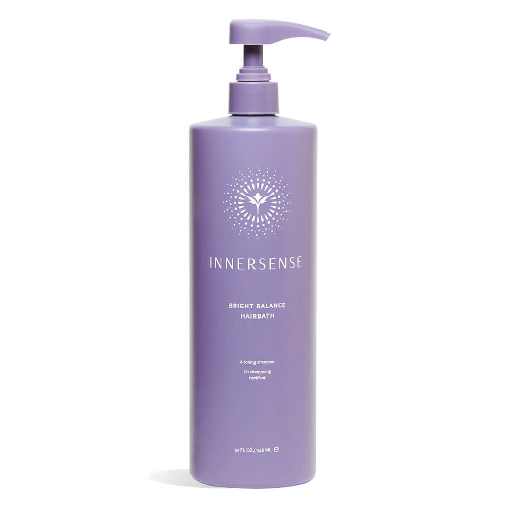 INNERSSENSE Bright Balance Hairbath – lila Flasche mit Pumpverschluss, 946 ml, weißer Hintergrund – Haarpflege