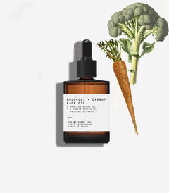The Witchery CPH Broccoli Carrot Face Oil in a brown 30ml glass bottle with dropper on white background, skin care.