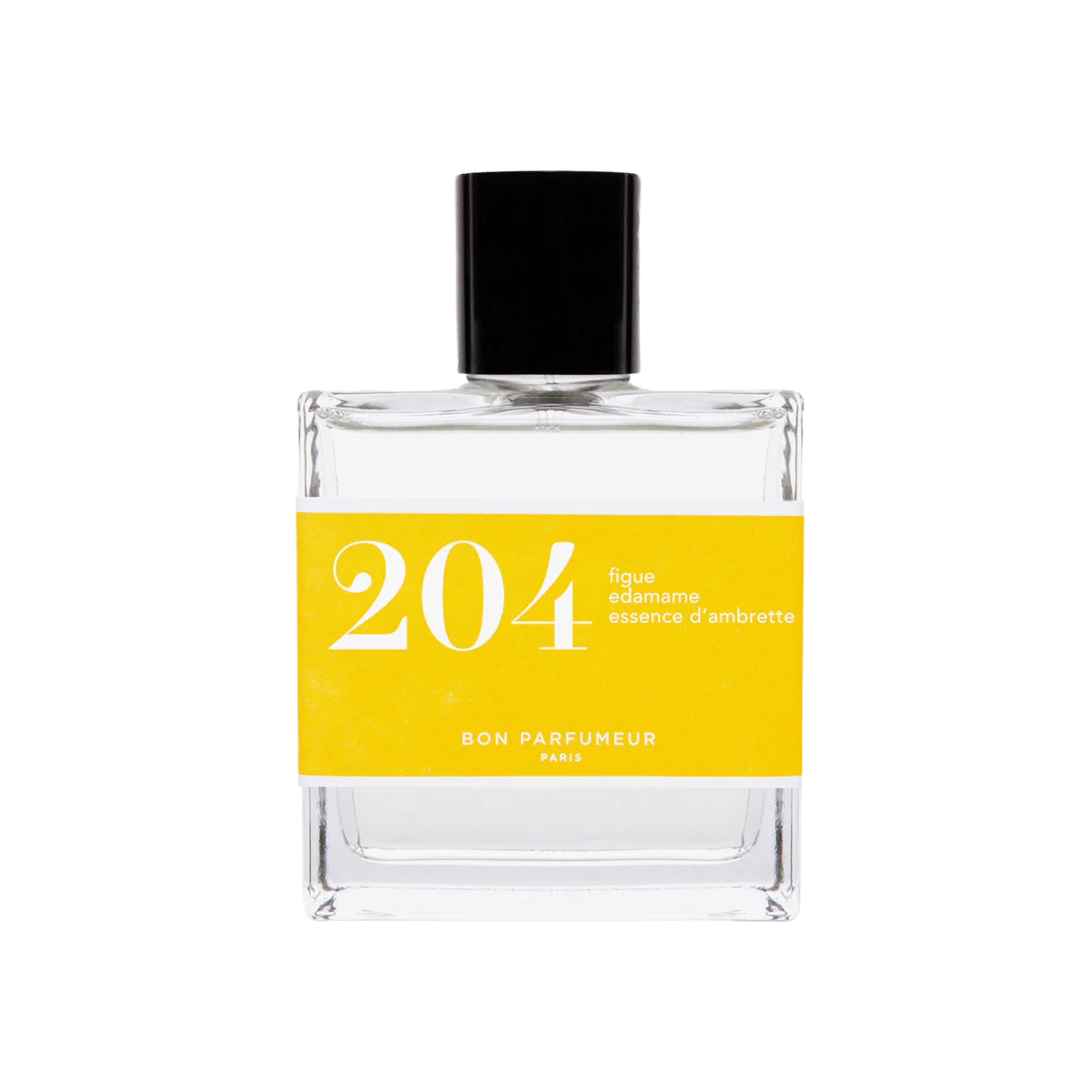 Bon Parfumeur 204 Velvet Fig Eau de Parfum – klares Glasfläschchen 30ml, schwarzer Deckel, gelbes Etikett, weißer Hintergrund – Parfüm