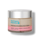 The Organic Pharmacy Rose Rejuvenating Face Cream in a glass jar with silver lid on white background, skin care