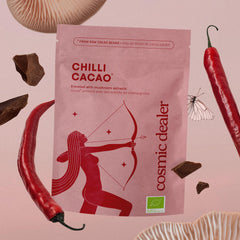 Chilli Cacao by cosmic dealer – pink stand-up pouch with red design, pink background – skin care