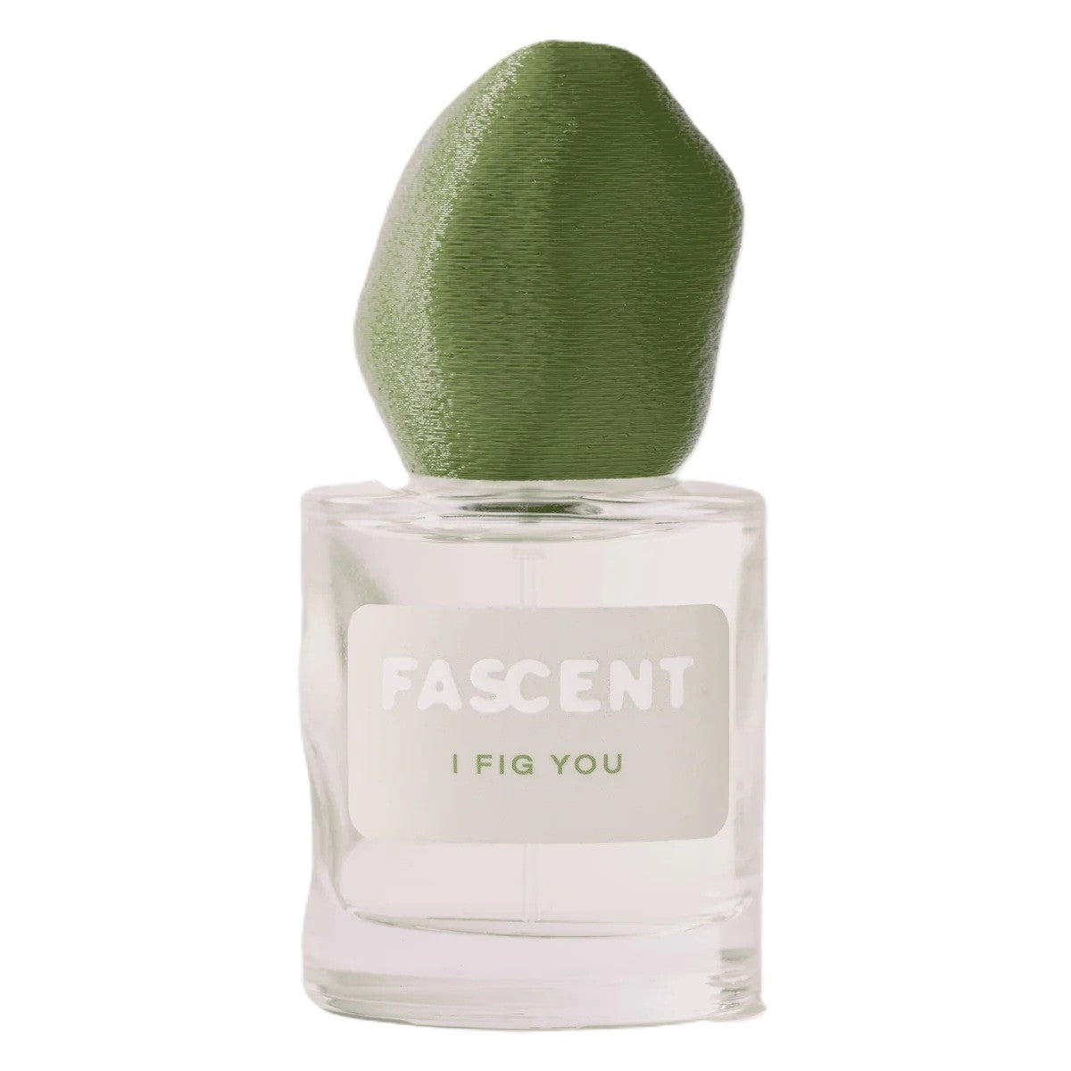 Fascent I Fig You Eau de Parfum – klares Glasfläschchen mit olivgrünem KapSEL, weißem Etikett, weißem Hintergrund – Parfüm