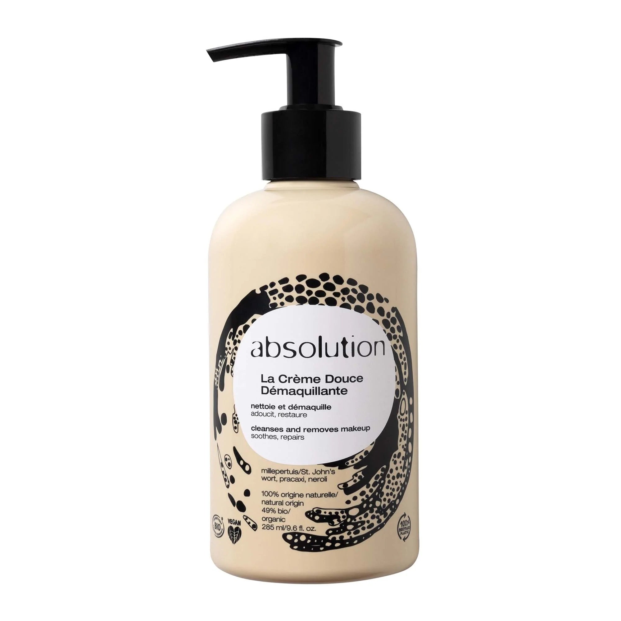 absolution La Crème Douce Démaquillante – cremefarbene Flasche 285ml mit schwarzer Pumpe, weißem Hintergrund – Make-up-Entferner