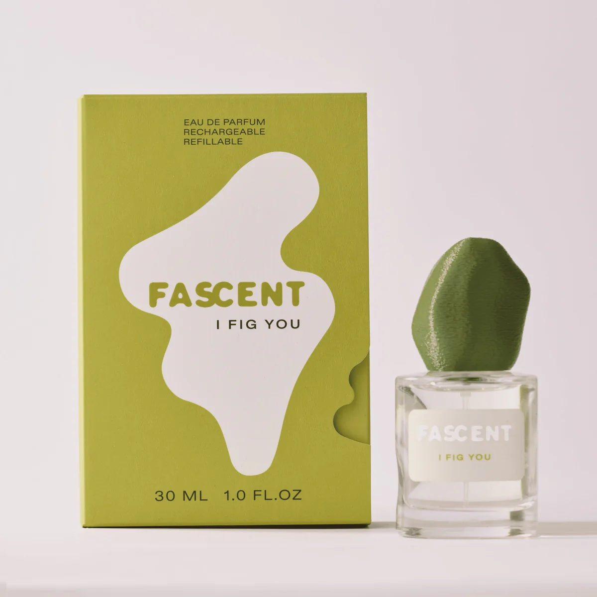 Fascent I Fig You Eau de Parfum – 30ml Glasflakon mit grünem Kapuzenverschluss, olivgrüne Verpackung, weißer Hintergrund – Parfüm