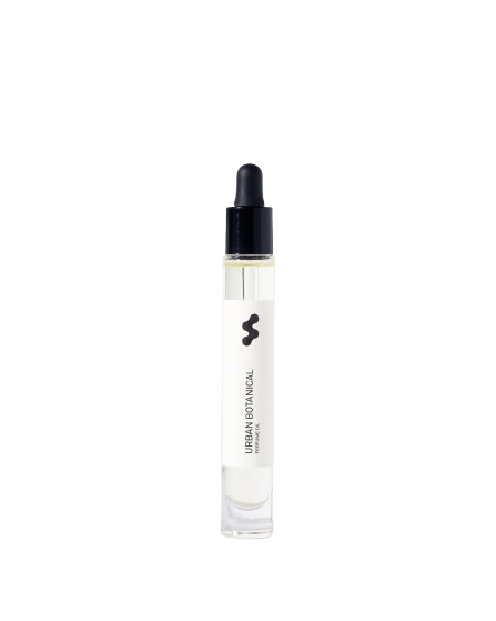 Urban Botanical Perfume Oil – clear glass bottle with black dropper cap, white label on white background – perfume