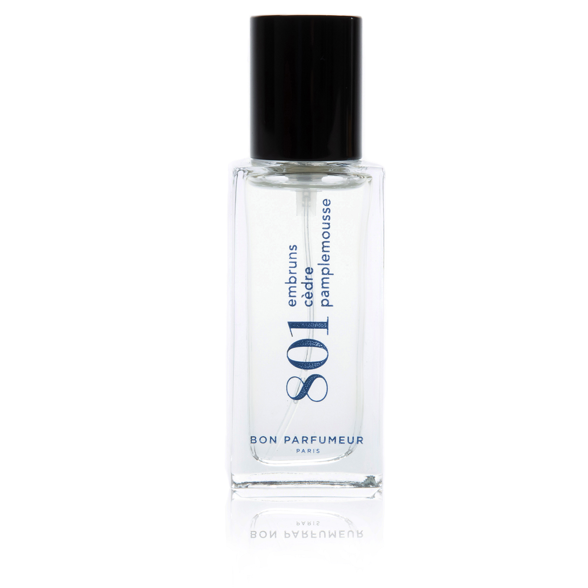 Bon Parfumeur 801 Sea Spray – clear glass bottle with black spray nozzle, white background – hair care