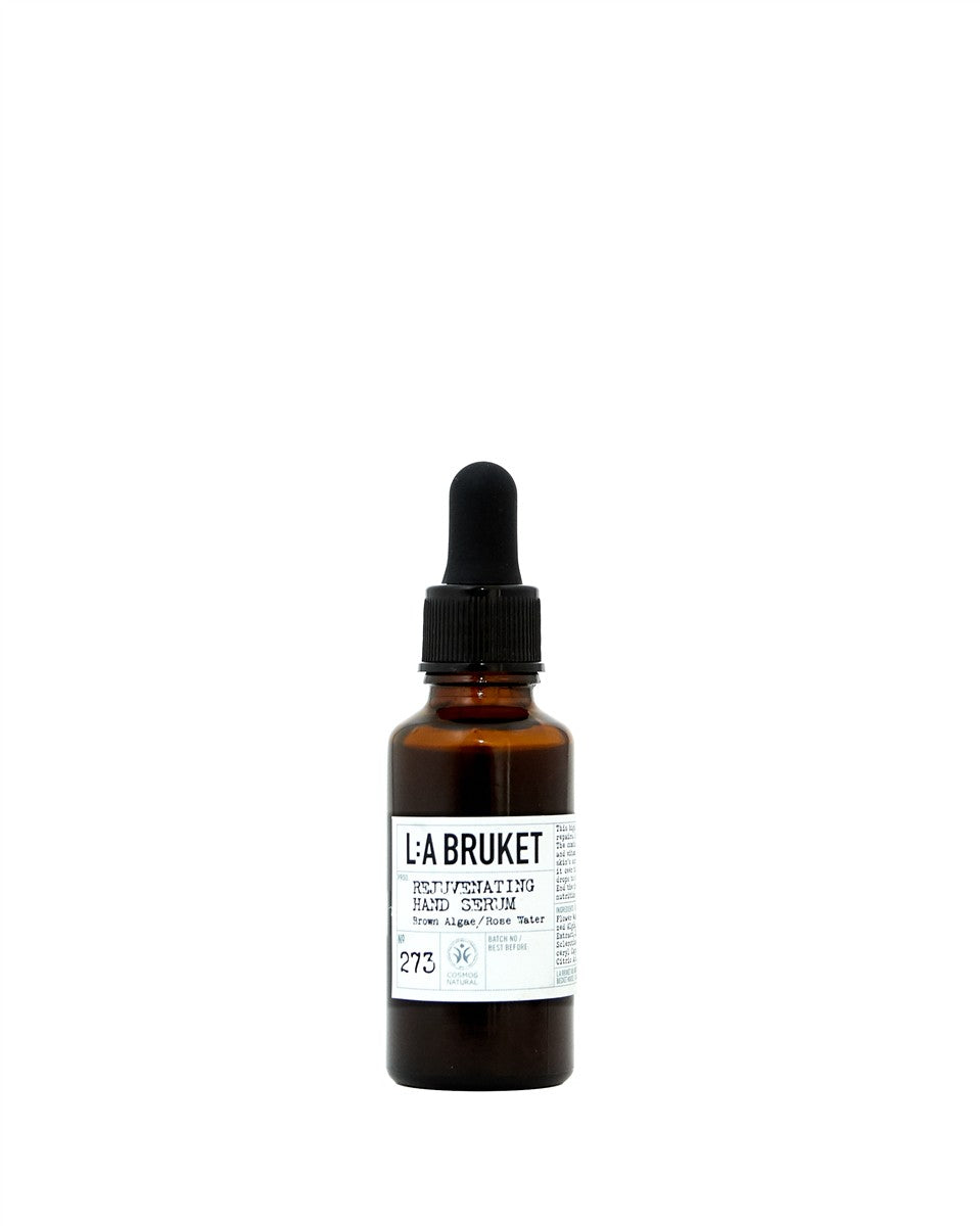 L:A BRUKET No. 273 Rejuvenating Hand Serum – amber glass bottle with dropper cap, white label on white background – skin care