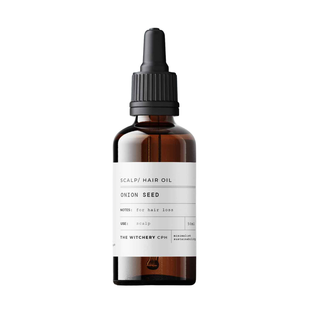 The Witchery CPH Onion Seed Scalp Oil in einer braunen 50ml Glasflasche mit Pipette auf weißem Hintergrund, Haarpflege