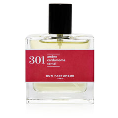 Bon Parfumeur 301 perfume bottle with black cap and red label on white background, fragrance