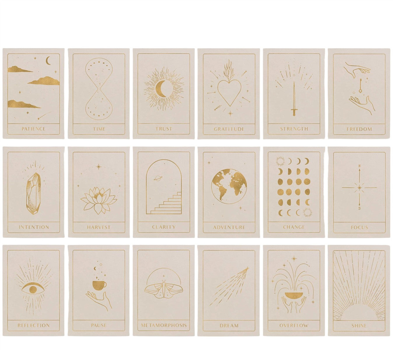 Cosmic Intentions Card Set – 18 golden cards with cosmic symbols on cream background – spiritual beauty