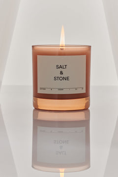 Salt & Stone Candle Black Rose & Oud – pink glass jar 8.5 oz, white label on white background – scented candles