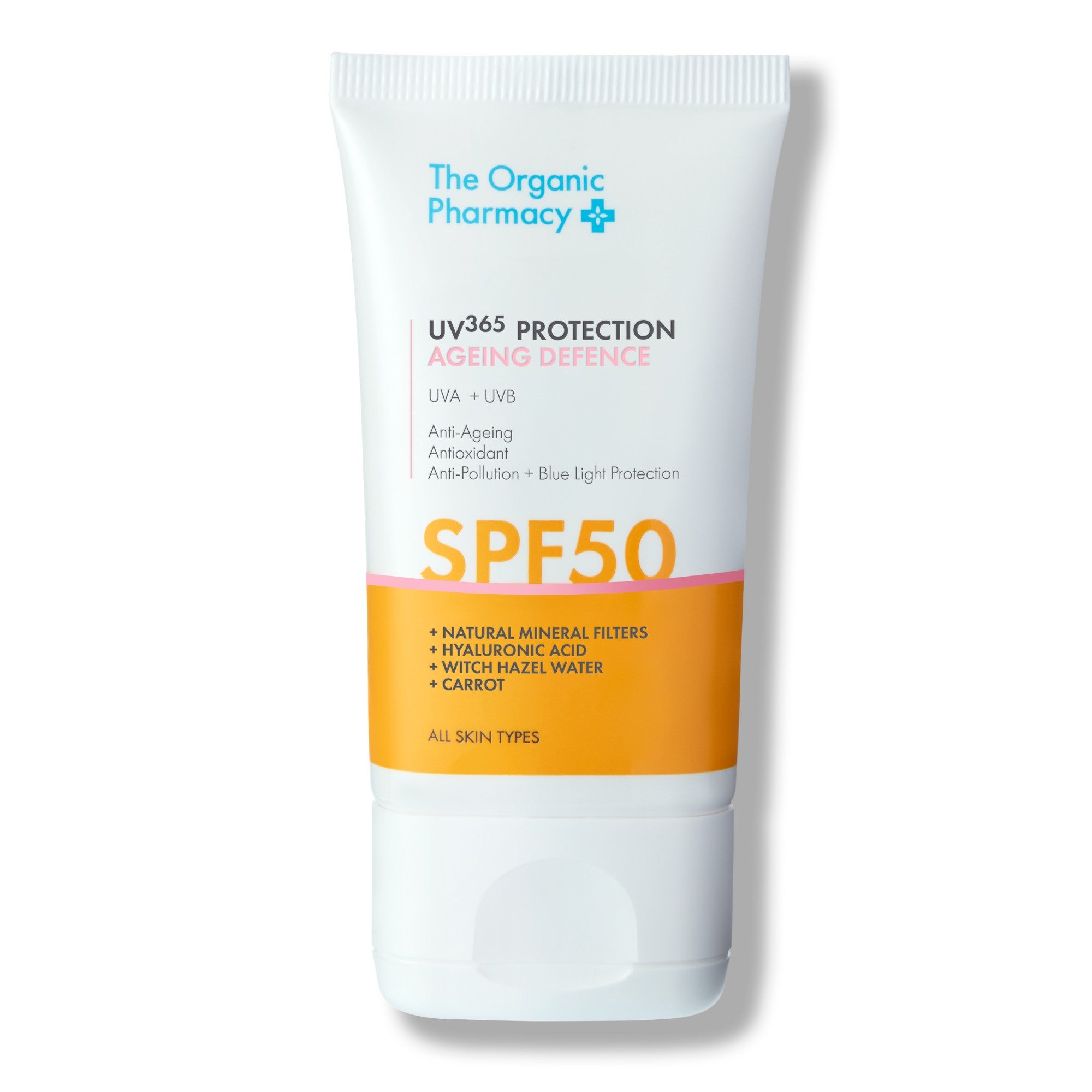 The Organic Pharmacy UV 365 Protection Ageing Defence SPF 50 in weißer Tube vor weißem Hintergrund, Hautpflege