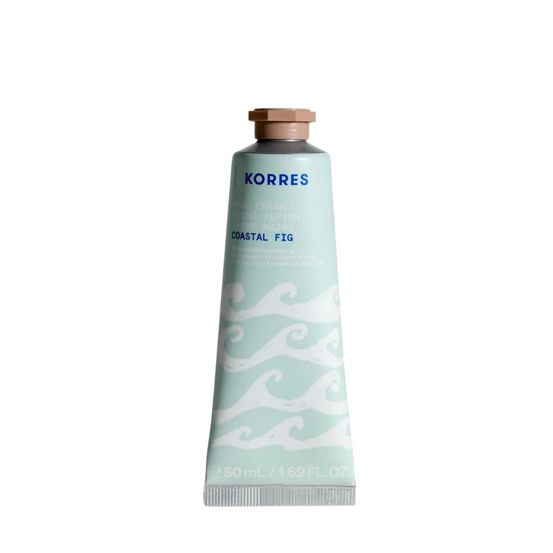 KORRES Handcreme Coastal Fig – hellblaue Tube 50ml, brauner Deckel, weißer Hintergrund – Hautpflege