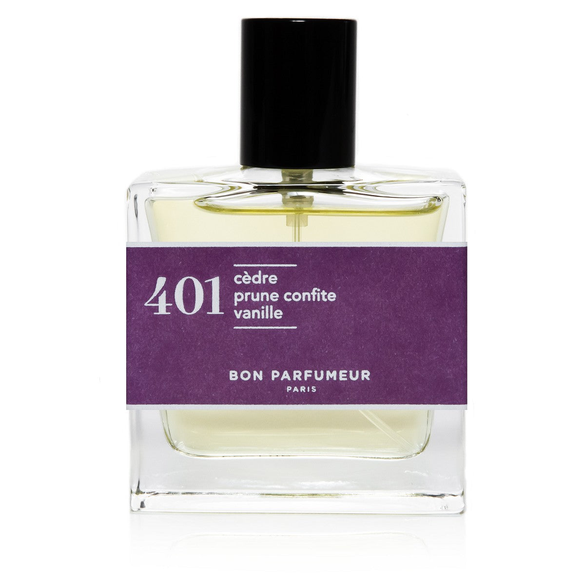 401 Cedar Parfüm – klares Glasfläschchen 30ml, schwarzer Deckel, lila Etikett, weißer Hintergrund – Parfüm
