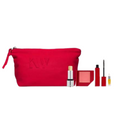 Kw Icons Set – red cosmetic pouch with makeup products, white background – makeup