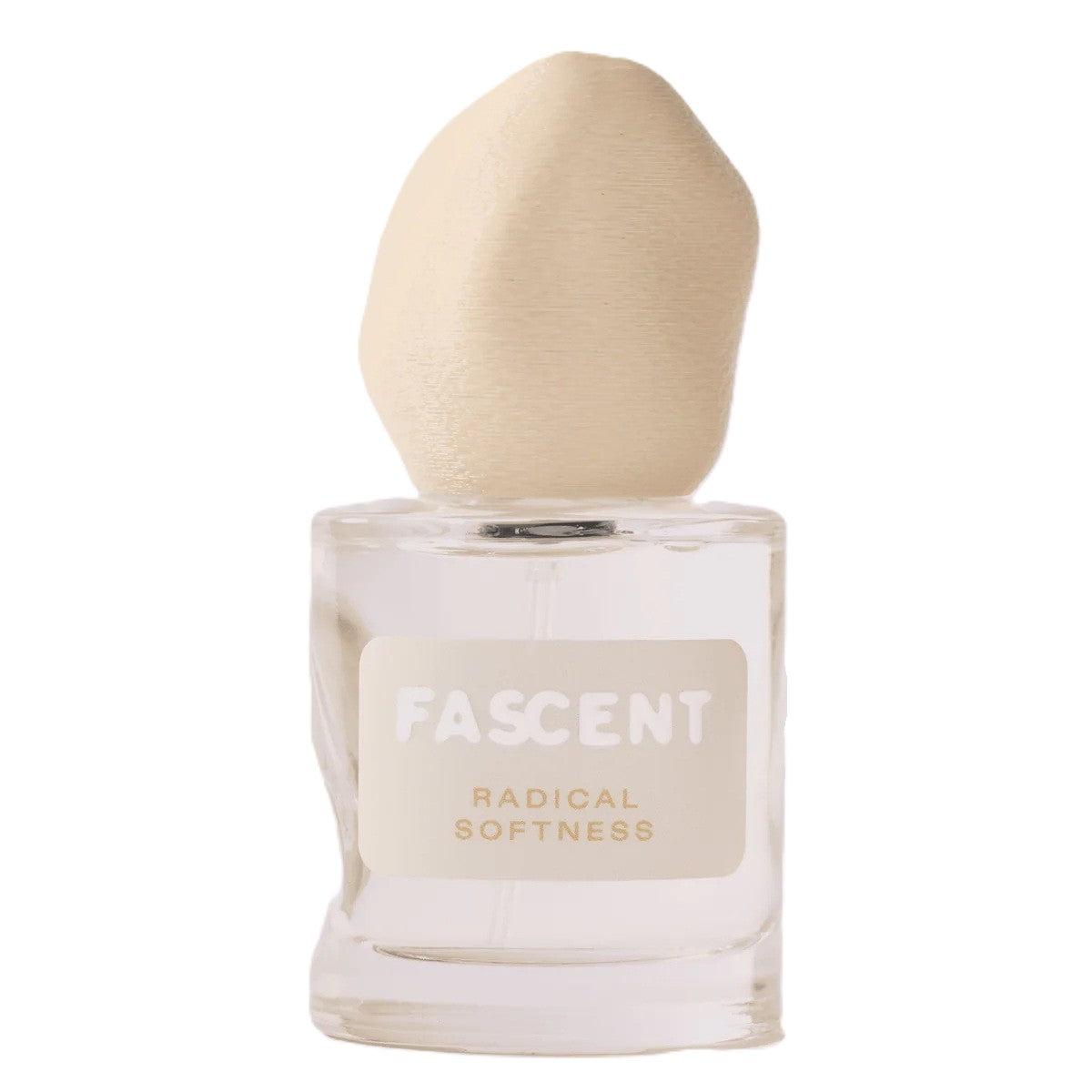 Fascent Radical Softness Eau de Parfum – klares Glasfläschchen mit cremefarbenem, organischen Deckel, weißem Hintergrund – Parfüm