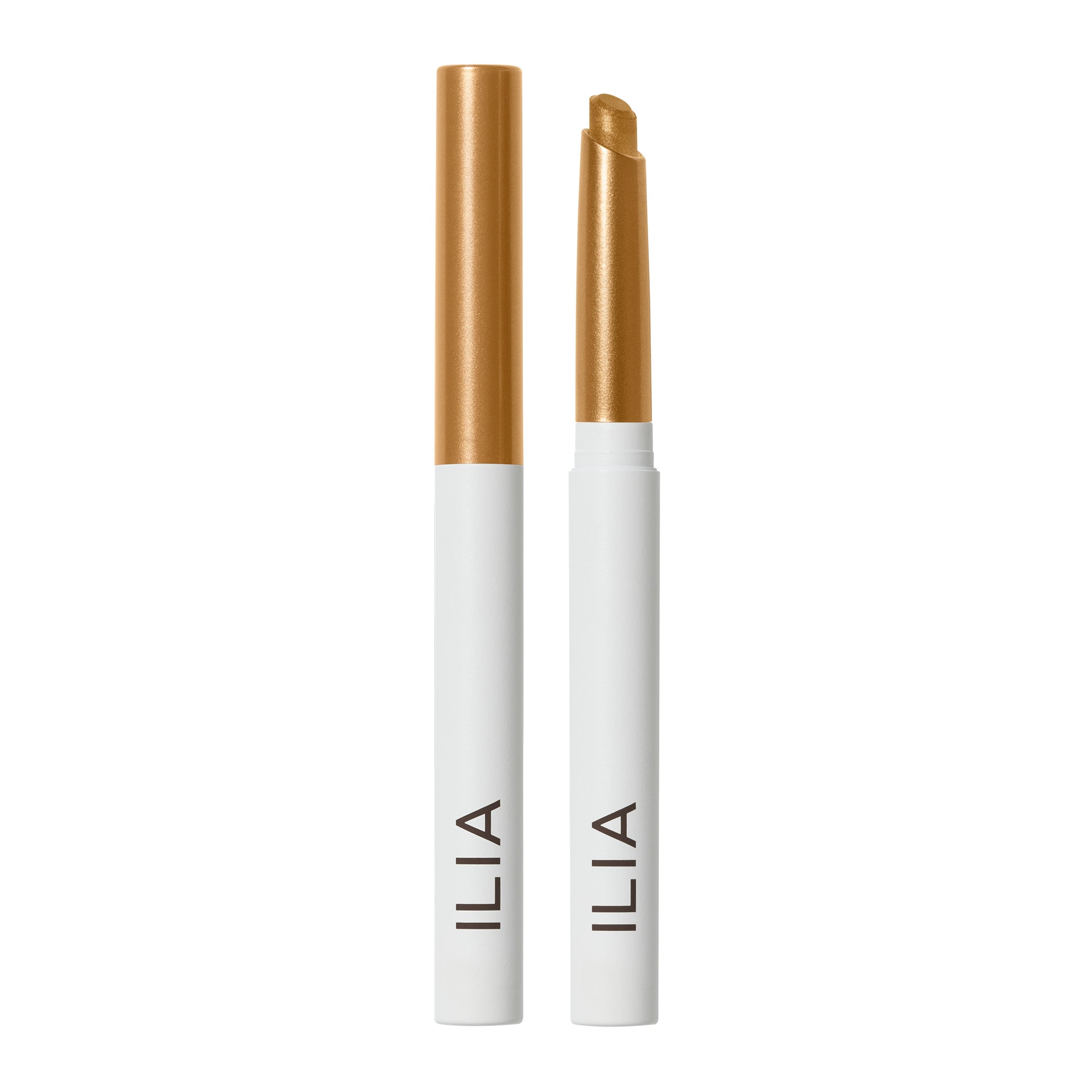 ILIA Eye Stylus Shimmer in a white and gold tube with cap on a white background, eyeshadow