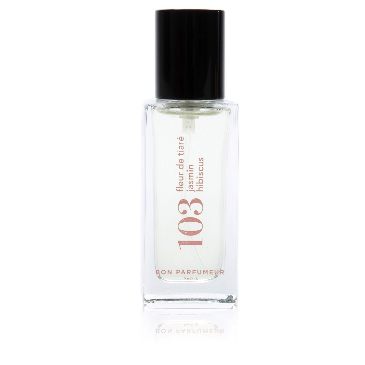 Bon Parfumeur 103 Tiaré – klares Glasfläschchen mit schwarzem Sprühkopf, weißem Hintergrund – Parfüm