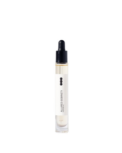 Allured Sobriety Perfume Oil – clear glass bottle with black dropper cap, white label on white background – perfume
