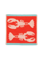 Lobster Organic Cotton Washcloth – red with light pink lobsters, turquoise border, white background – facial cleansing