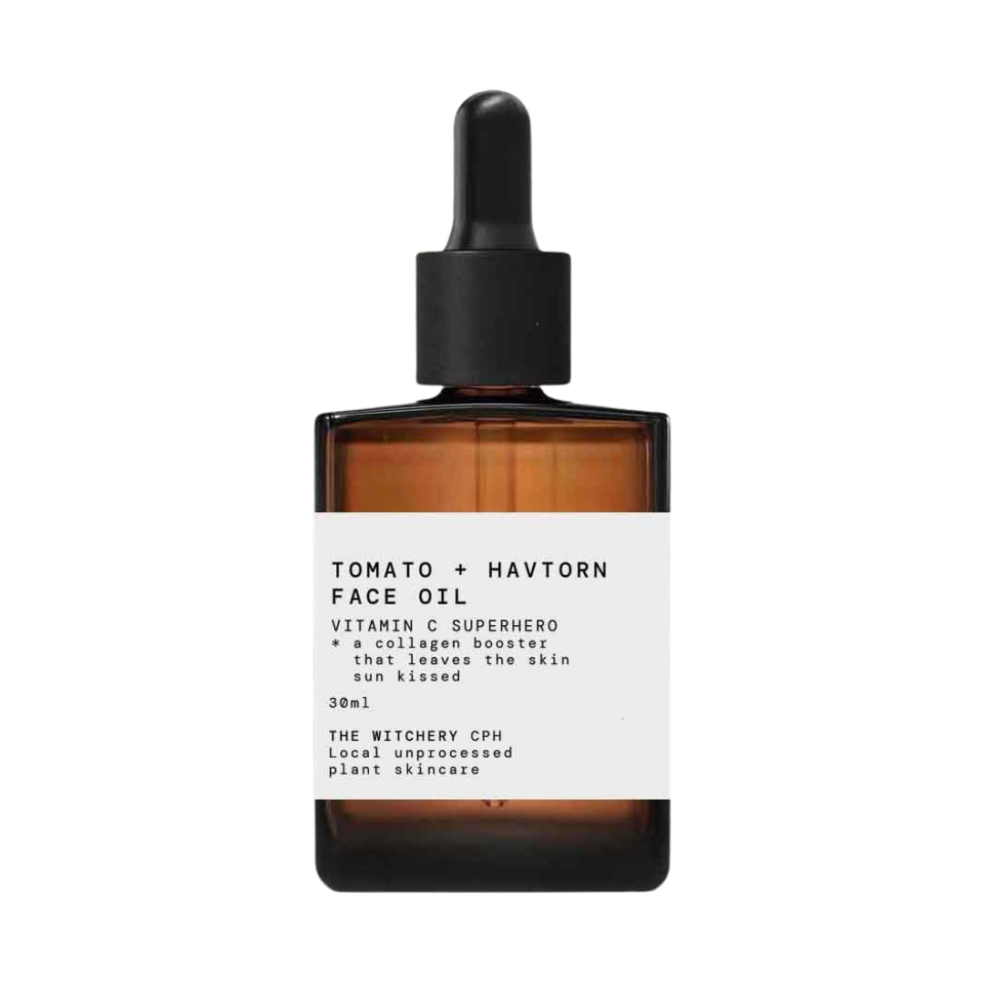 The Witchery CPH Tomato Havtorn Face Oil in einer braunen Glasflasche mit Pipette, 30ml, für die Gesichtspflege.
