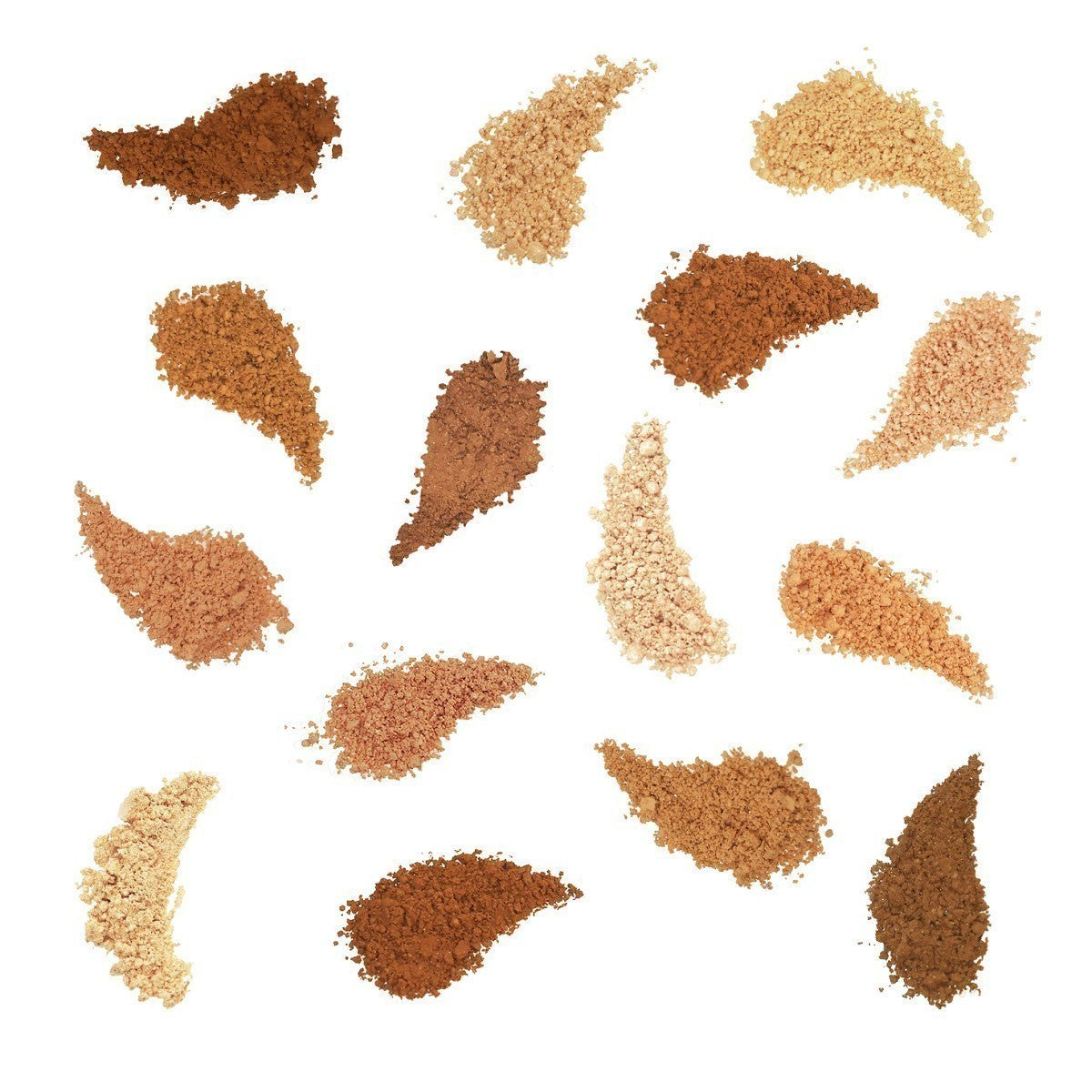 Goldelicious Mineral Foundation SPF 25 – verschiedene Nuancen auf weißem Hintergrund – Make-up