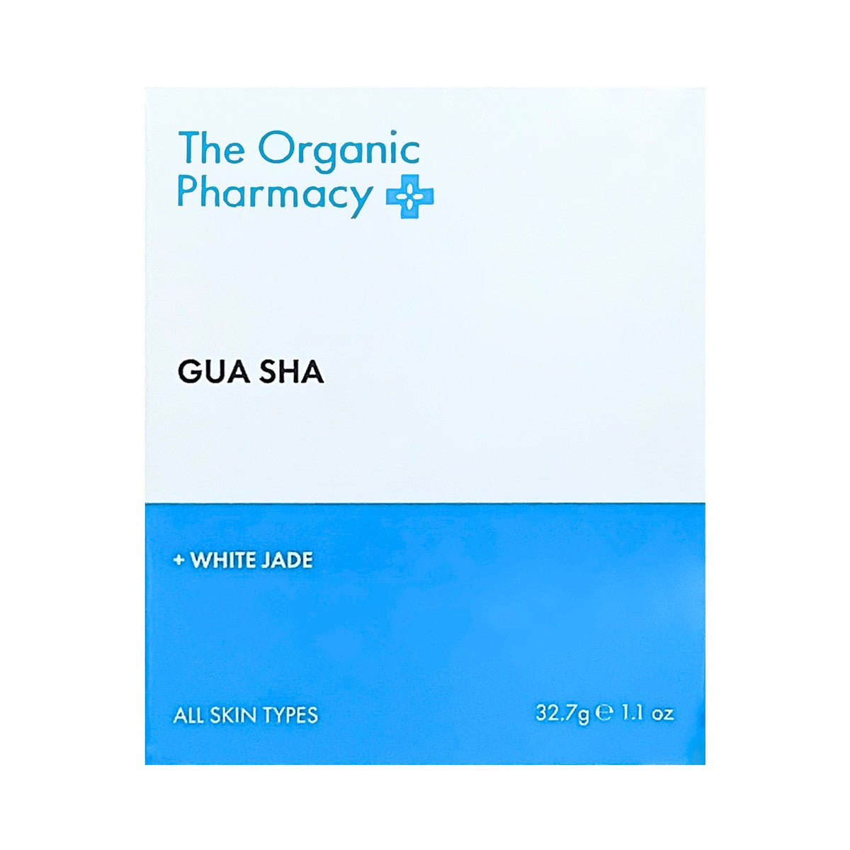 The Organic Pharmacy Gua Sha White Jade in white and blue packaging, 32.7g, for skin care.