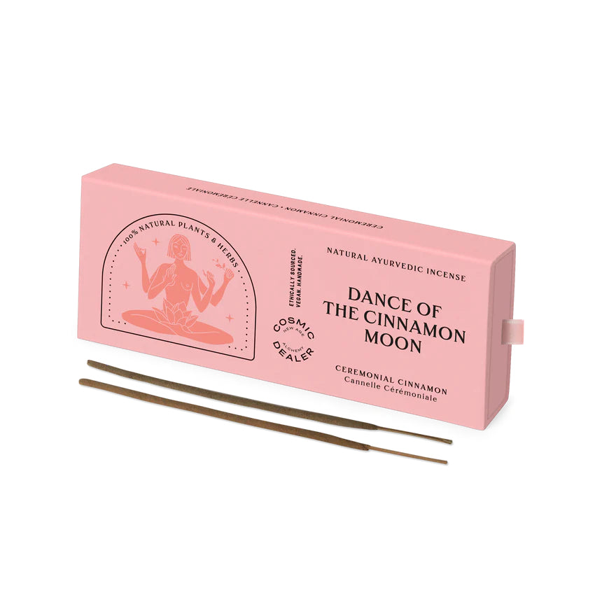 Dance of the Cinnamon Moon Incense – pink box packaging, white background, natural Ayurvedic incense sticks