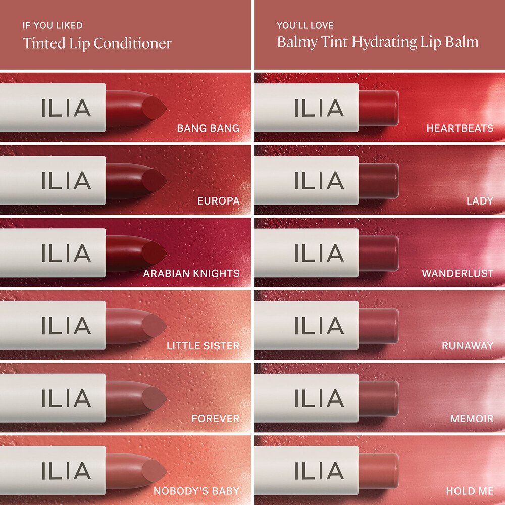 ILIA Balmy Tint Hydrating Lip Balm – white tube, pink tint stick, red background – lip care