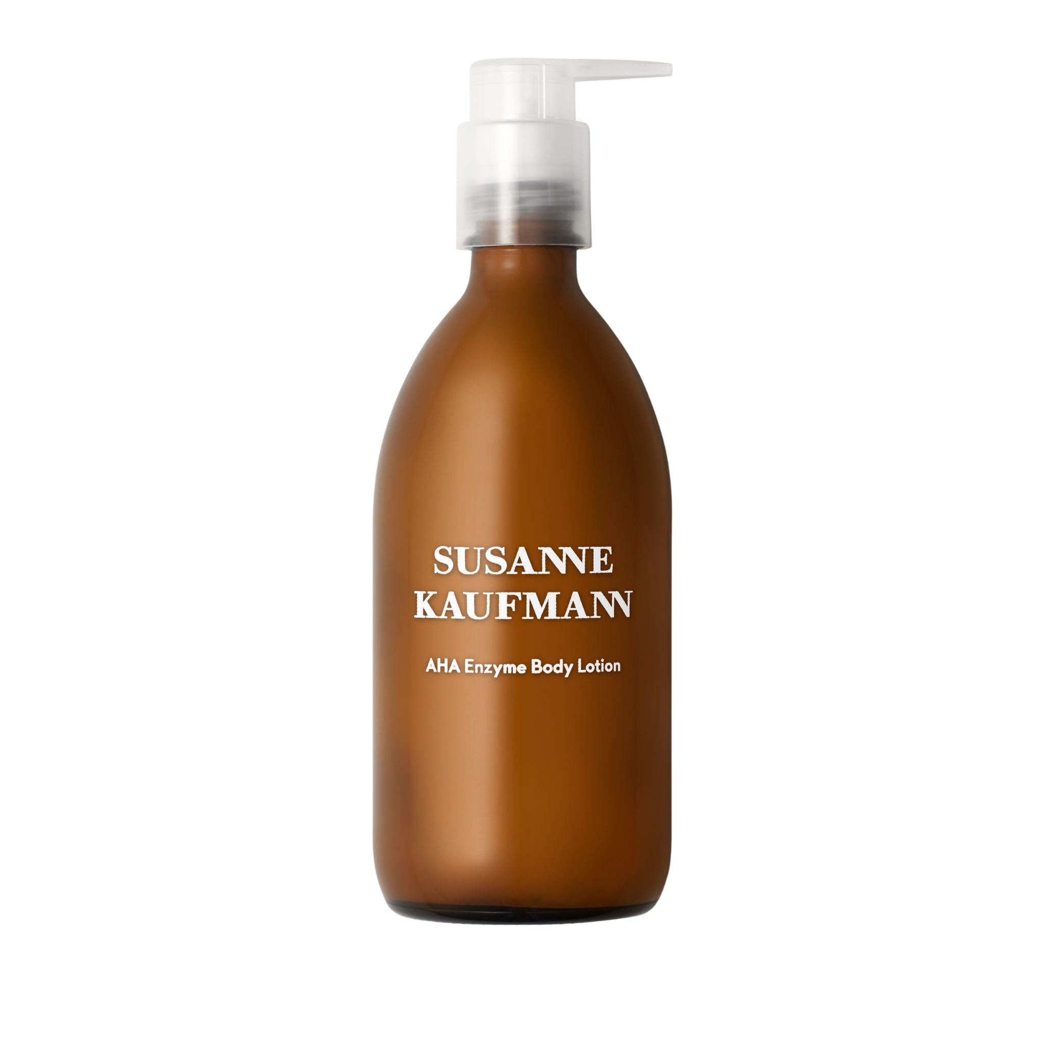 Susanne Kaufmann AHA Enzyme Body Lotion in der Pumppflasche auf weißem Hintergrund, Körperpflege
