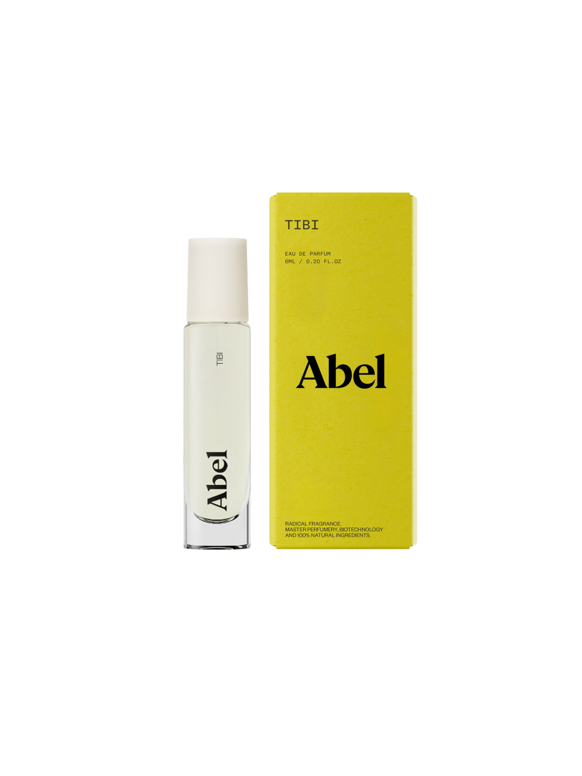 Tibi Abel Eau de Parfum 6ml Sprayflasche mit weißem Verschluss und grüner Verpackung