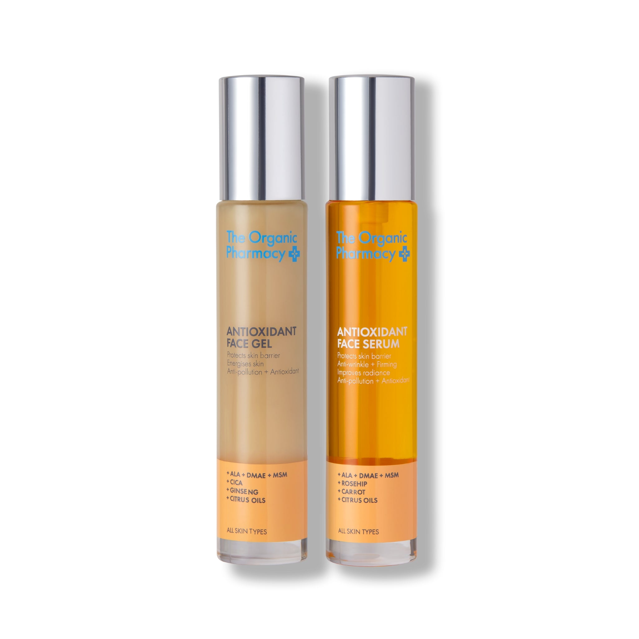 The Organic Pharmacy Antioxidant Duo: zwei Flaschen mit silbernen Kappen auf weißem Grund, Hautpflege.