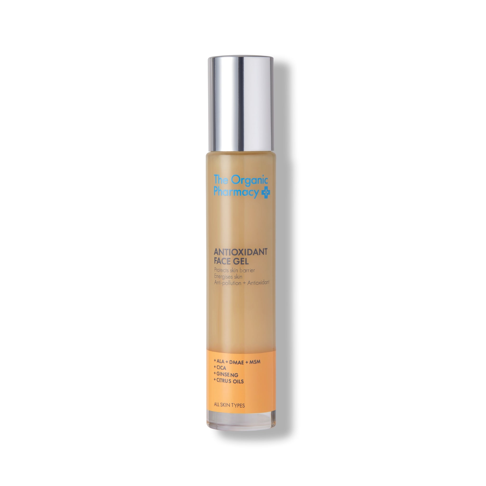 The Organic Pharmacy Antioxidant Face Gel in einer Flasche mit Silberdeckel auf weißem Grund, Hautpflege.