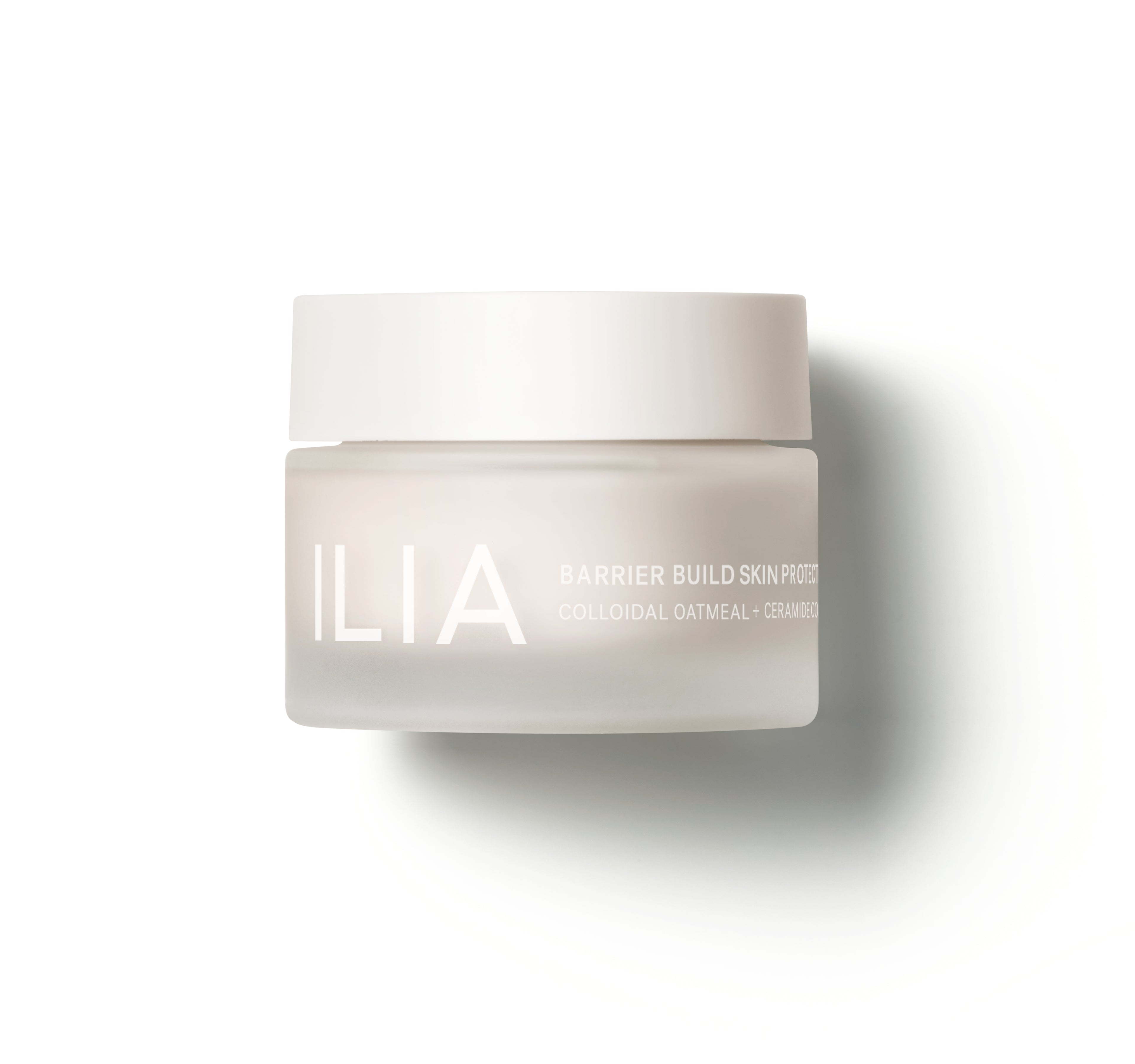 ILIA Barrier Build Skin Protectant Cream in weißem Tiegel mit weißem Deckel auf weißem Hintergrund, Hautpflege