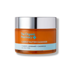 The Organic Pharmacy Carrot Butter Cleanser in an jar with a silver lid on white background, skin care