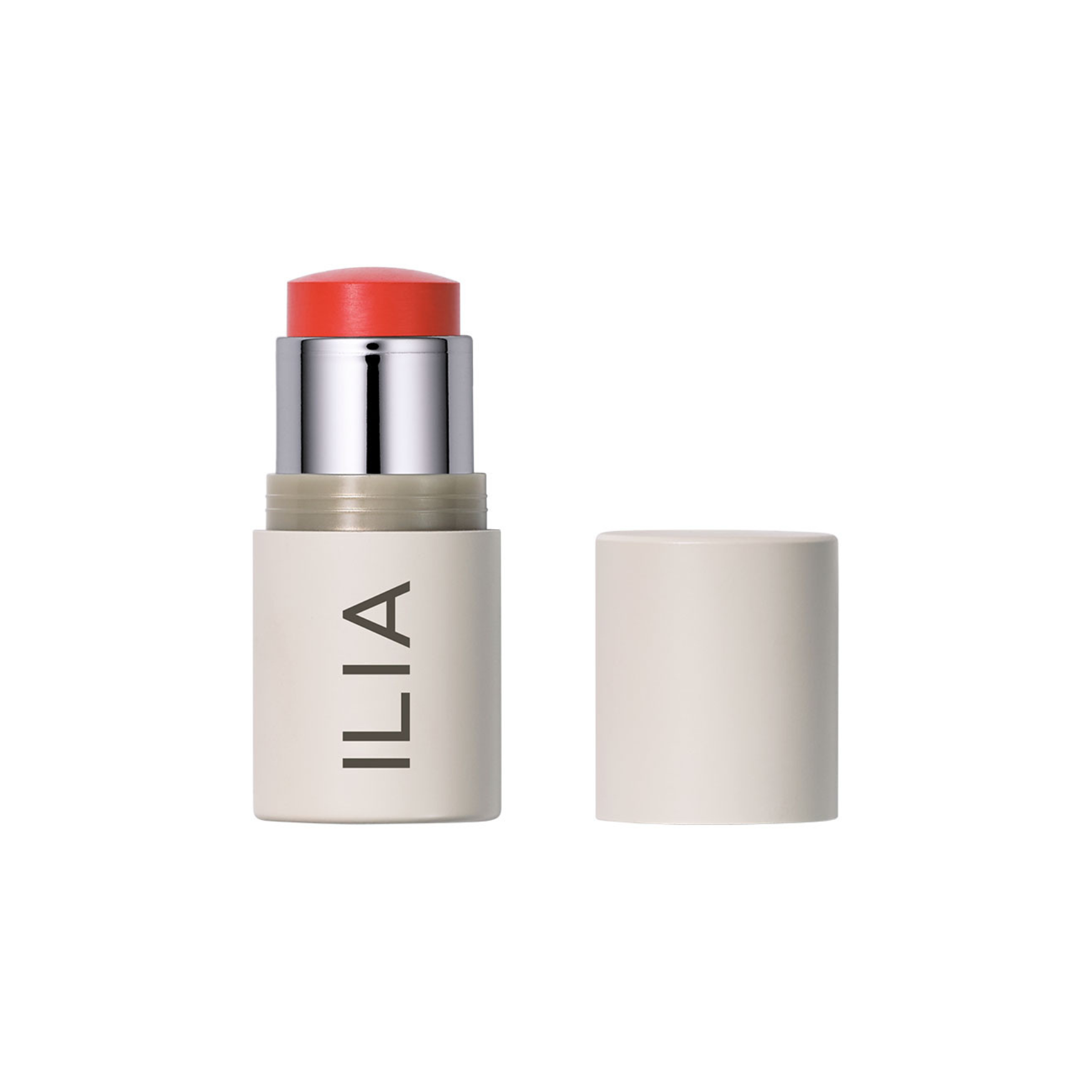 ILIA Multi-Stick in beiger Tube mit korallenfarbenem Produkt auf weißem Hintergrund, Make-up