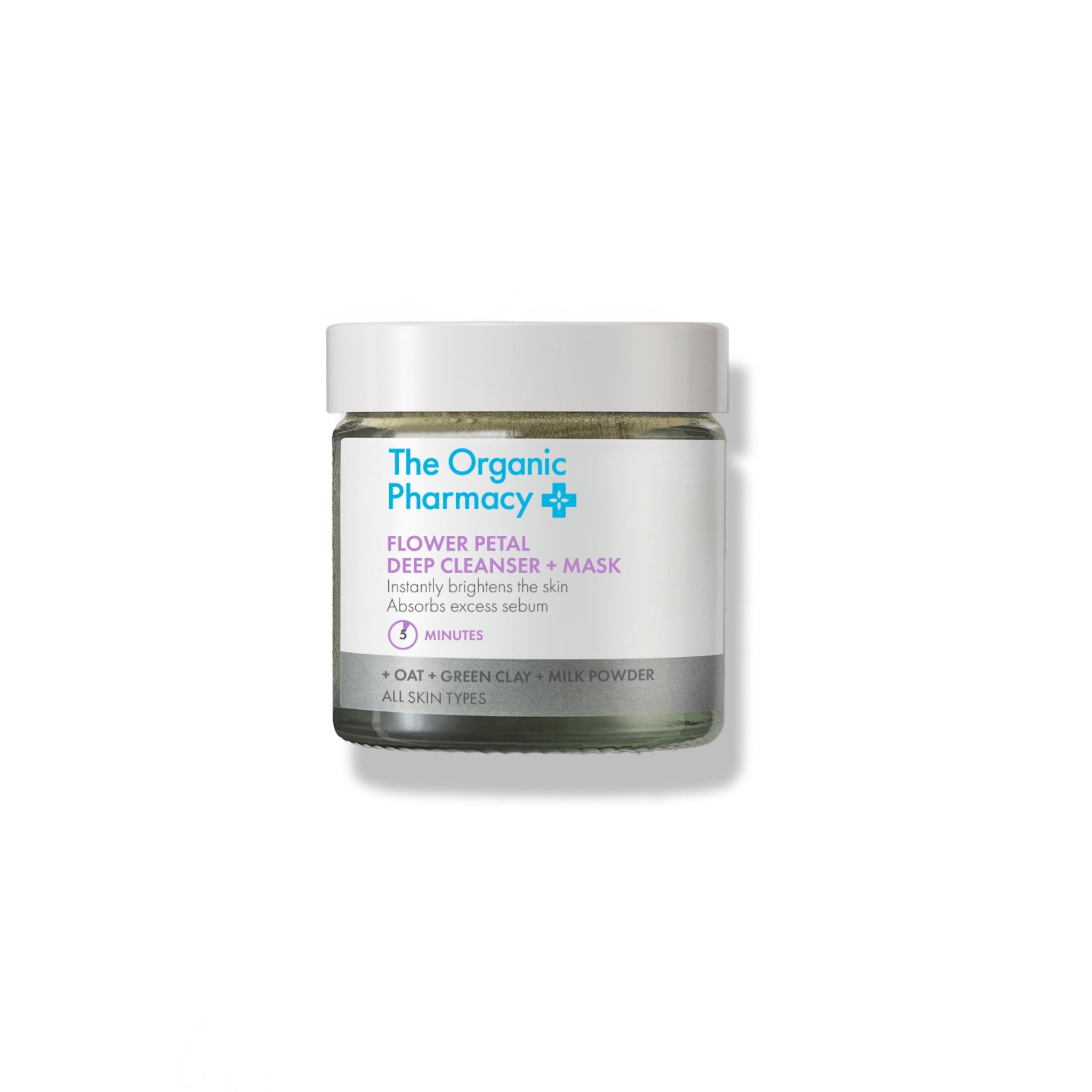 The Organic Pharmacy Flower Petal Deep Cleanser + Mask in einem Tiegel mit weißem Deckel auf weißem Grund, Hautpflege