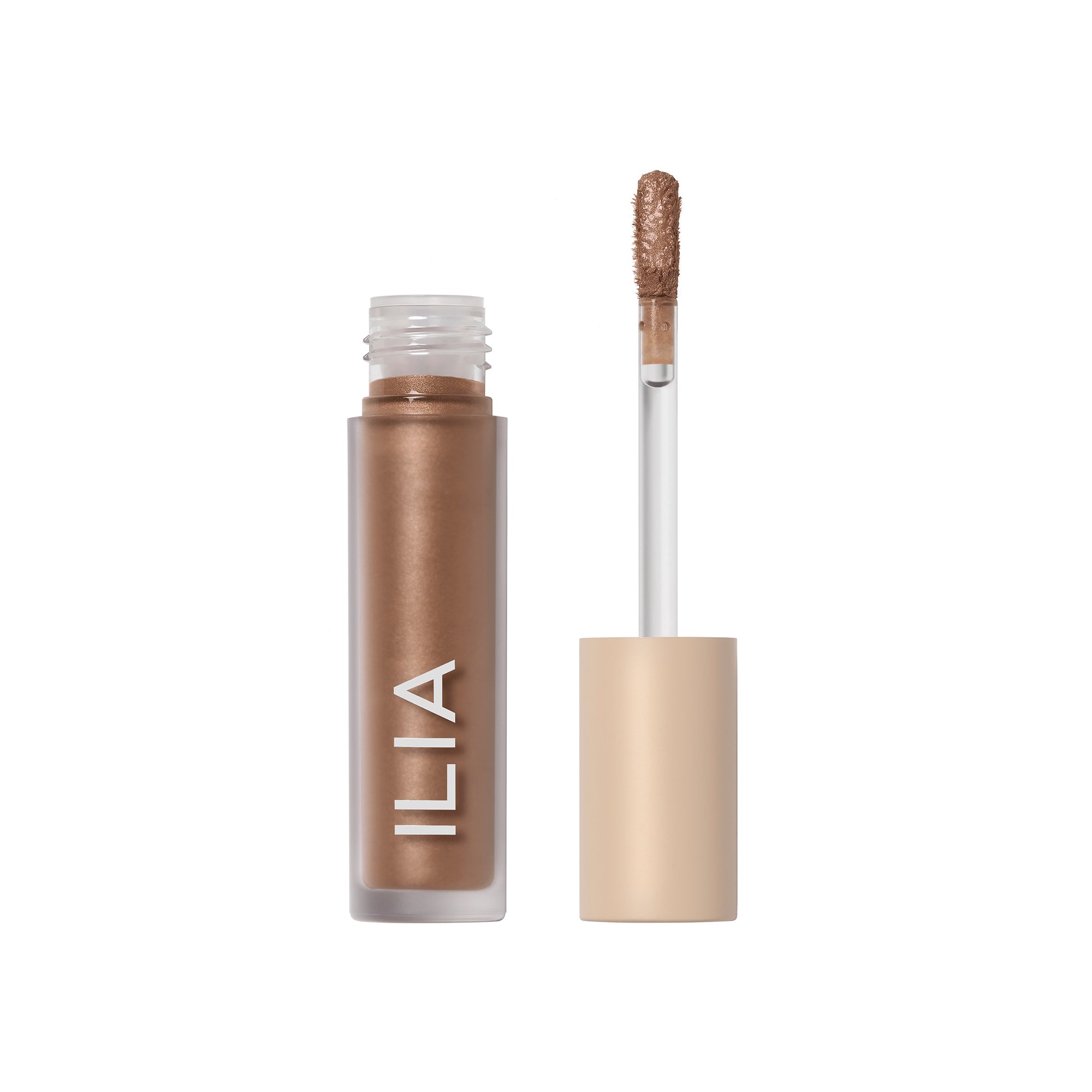 ILIA Liquid Powder Chromatic Eye Tint in bronze mit Applikator auf weißem Hintergrund, Augen-Make-up