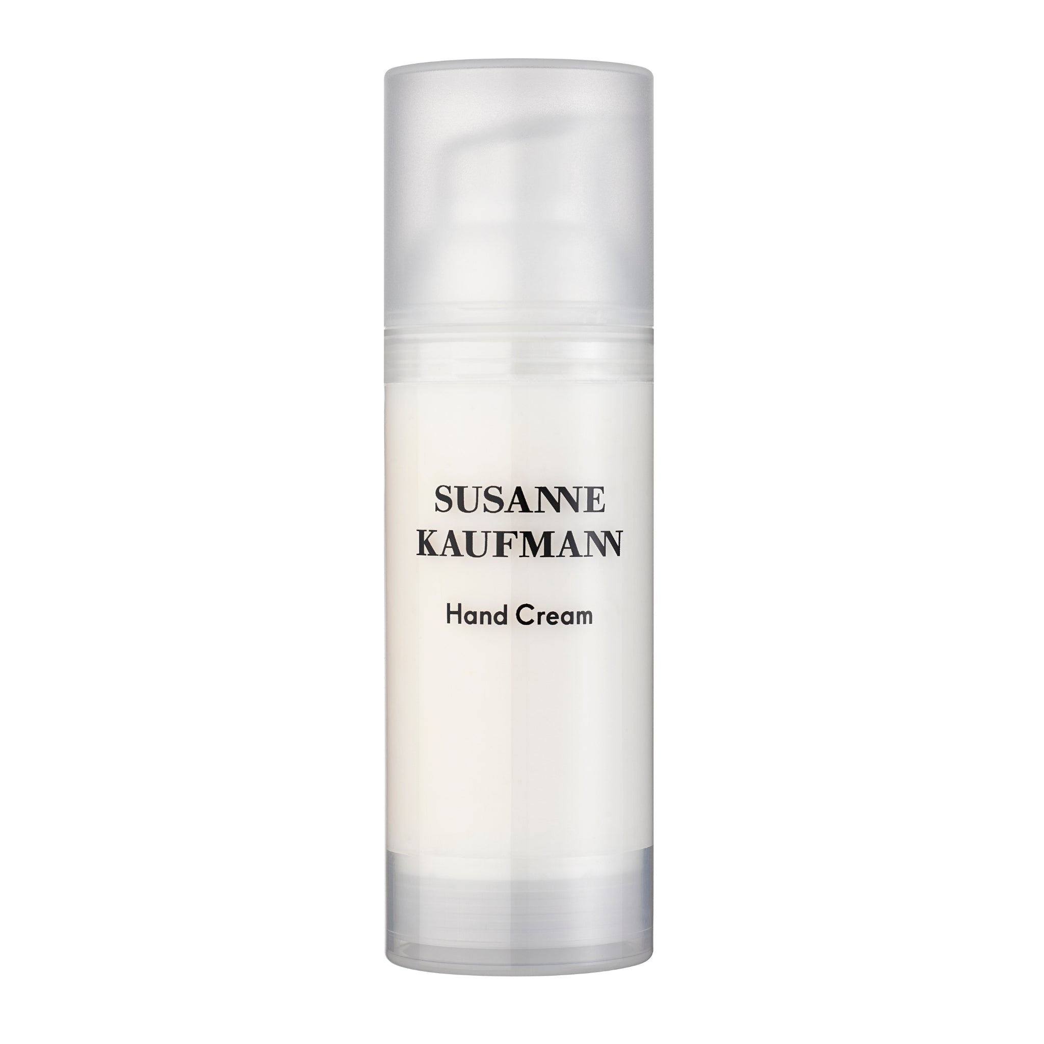 Susanne Kaufmann Handcreme in einer Flasche mit Pumpaufsatz auf weißem Hintergrund, Hautpflege.