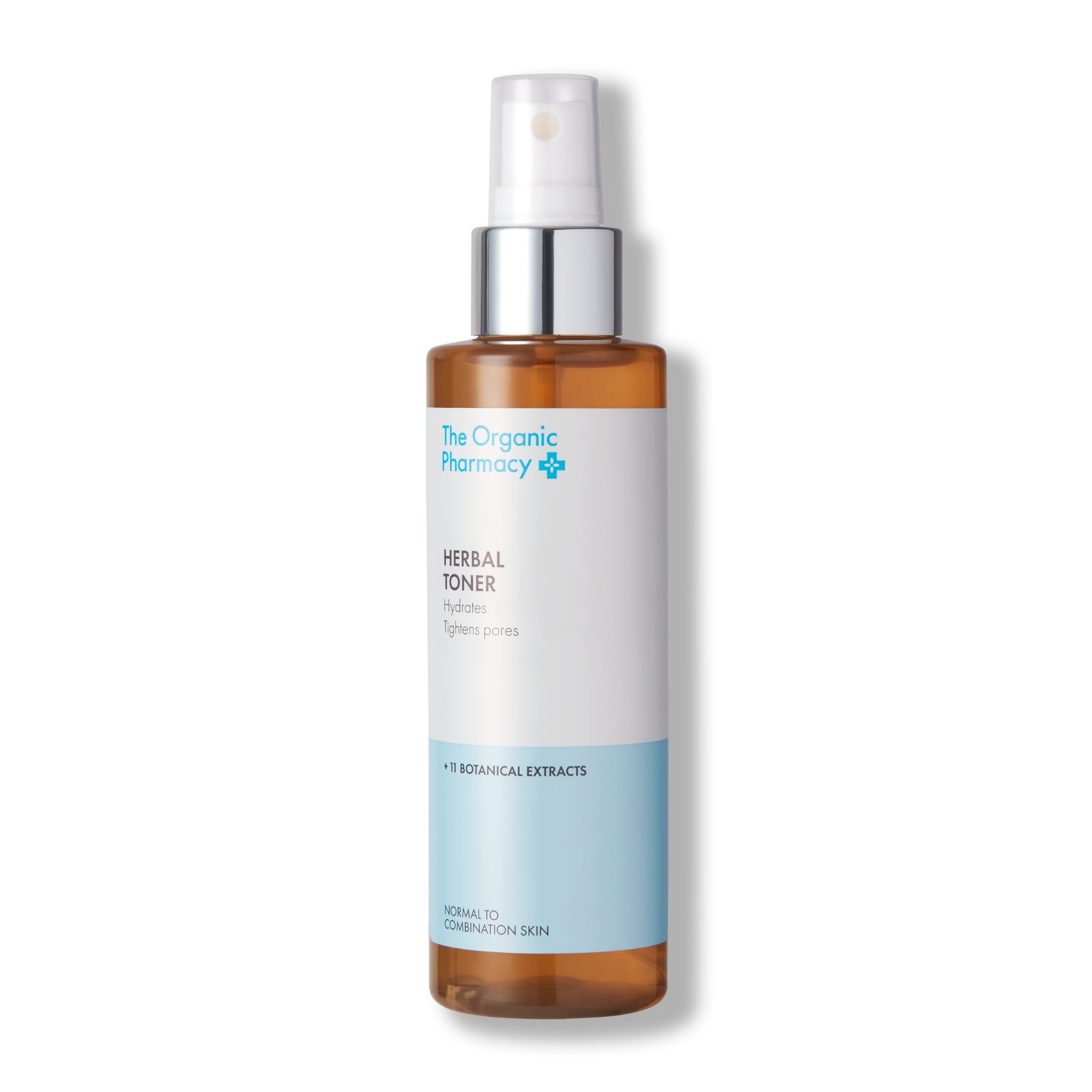 The Organic Pharmacy Herbal Toner in einer Sprühflasche mit weißem Etikett auf weißem Grund, Hautpflege.