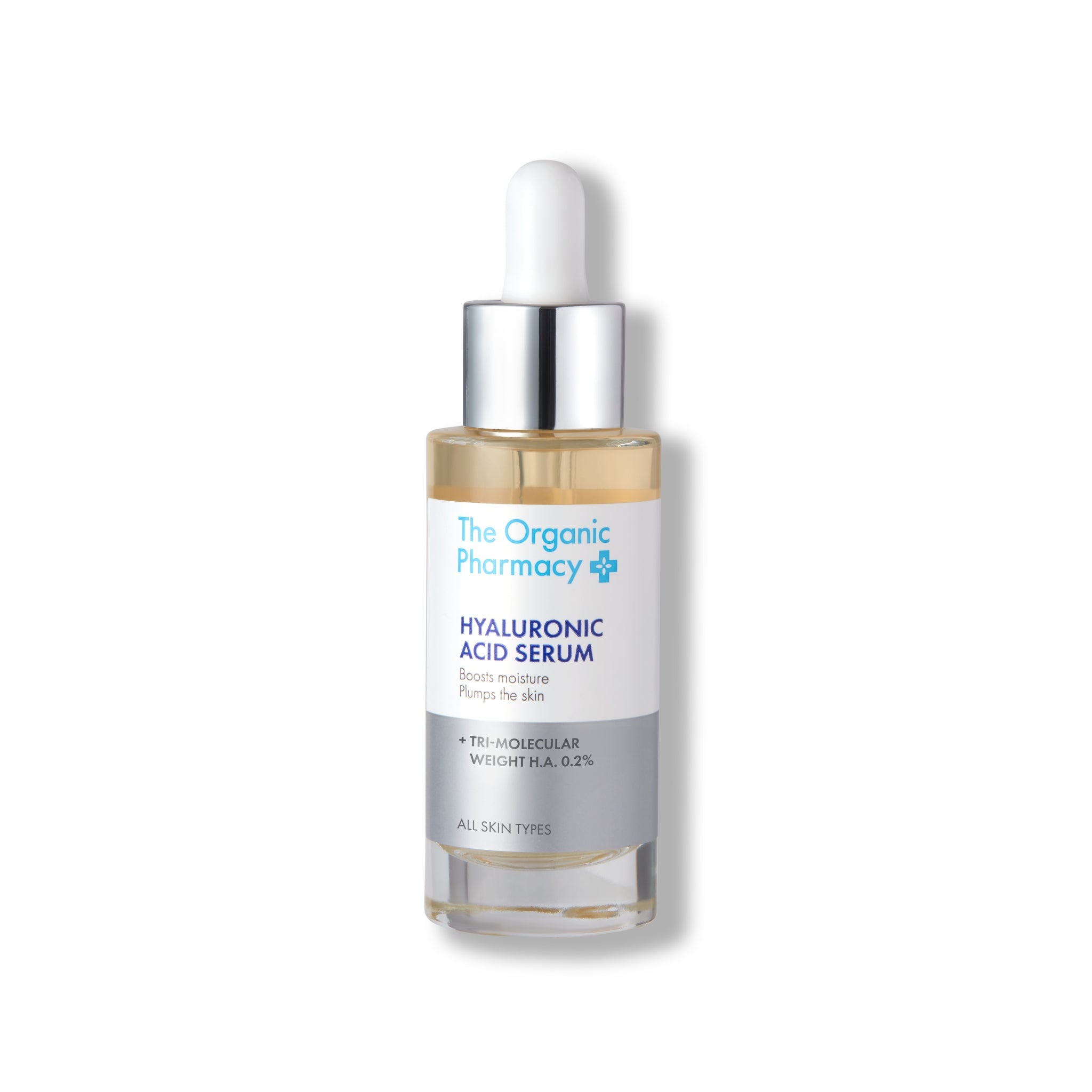 The Organic Pharmacy Hyaluronic Acid Serum in einer Glasflasche mit Pipette auf weißem Hintergrund, Hautpflege